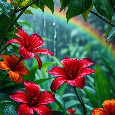 The primary subject of the image is a group of red flowers, which are the main focus of the scene. The flowers are located in a garden setting, surrounded by green leaves and a rainbow in the background. The visual style of the image is a photo, capturing the beauty of the flowers and their vibrant colors. The overall atmosphere of the image is lively and cheerful, with the red flowers and the rainbow creating a sense of joy and wonder.